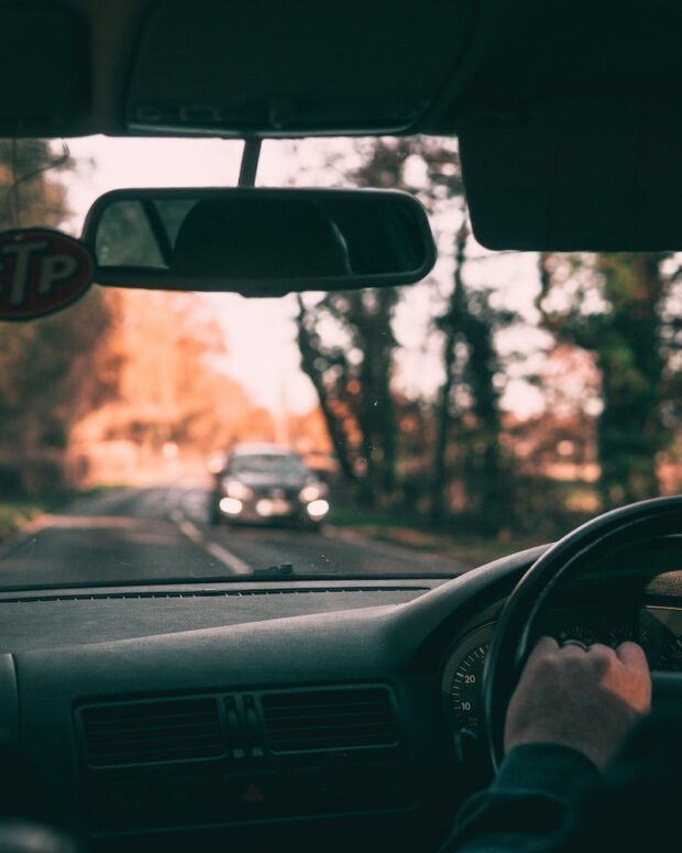 Point-of-view driving in a car.